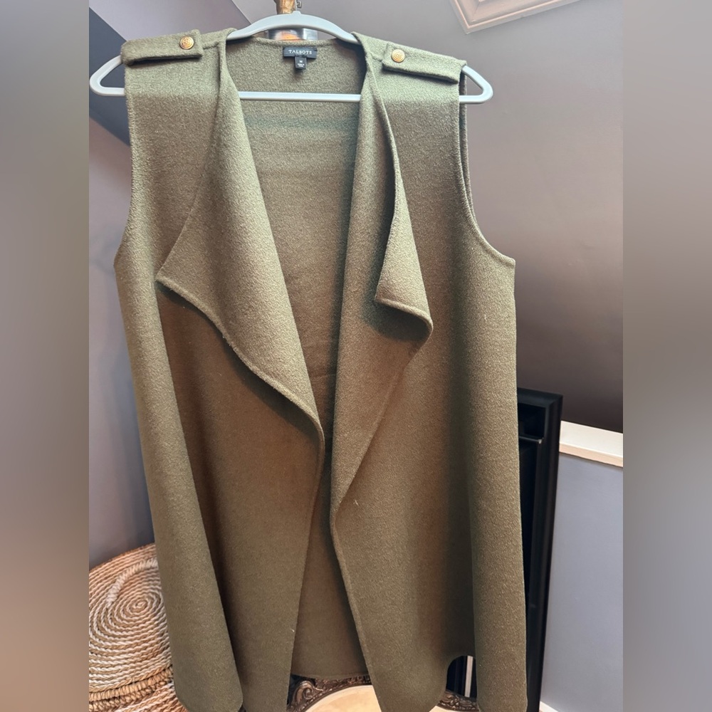 Talbots Olive Green Open Front Cardigan Vest